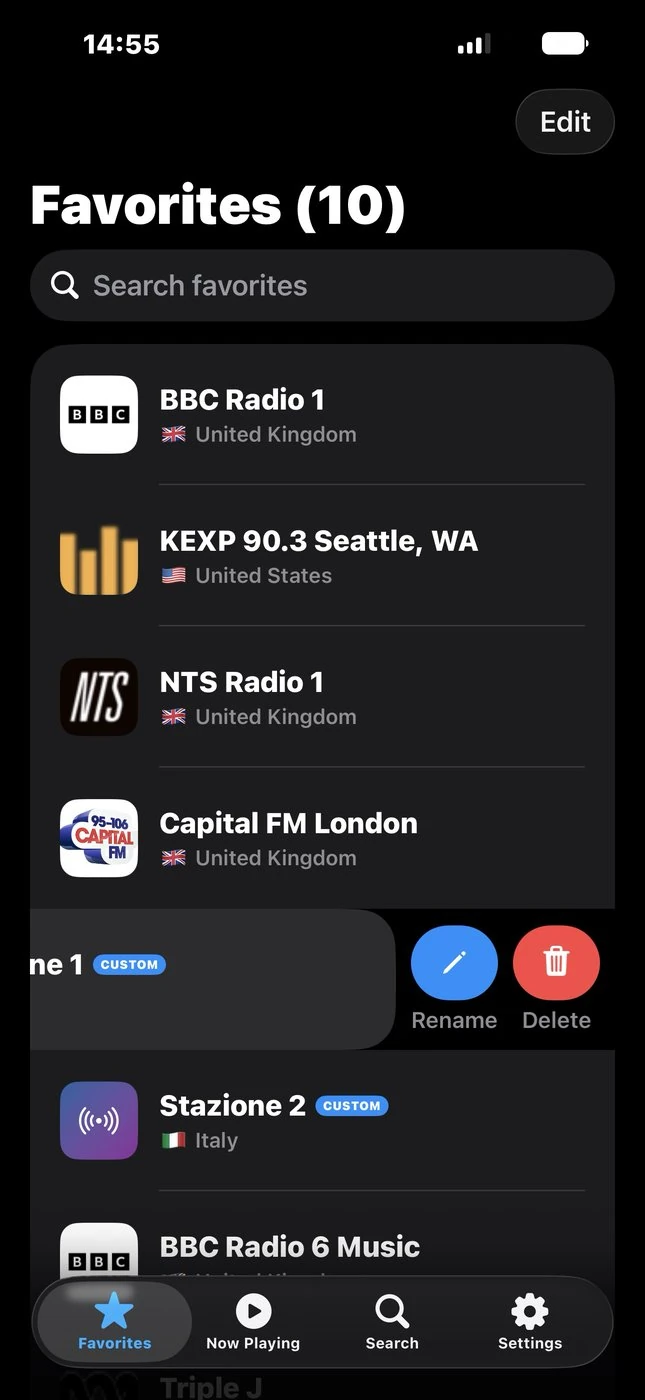 Favorites screen with custom stations and swipe to rename
