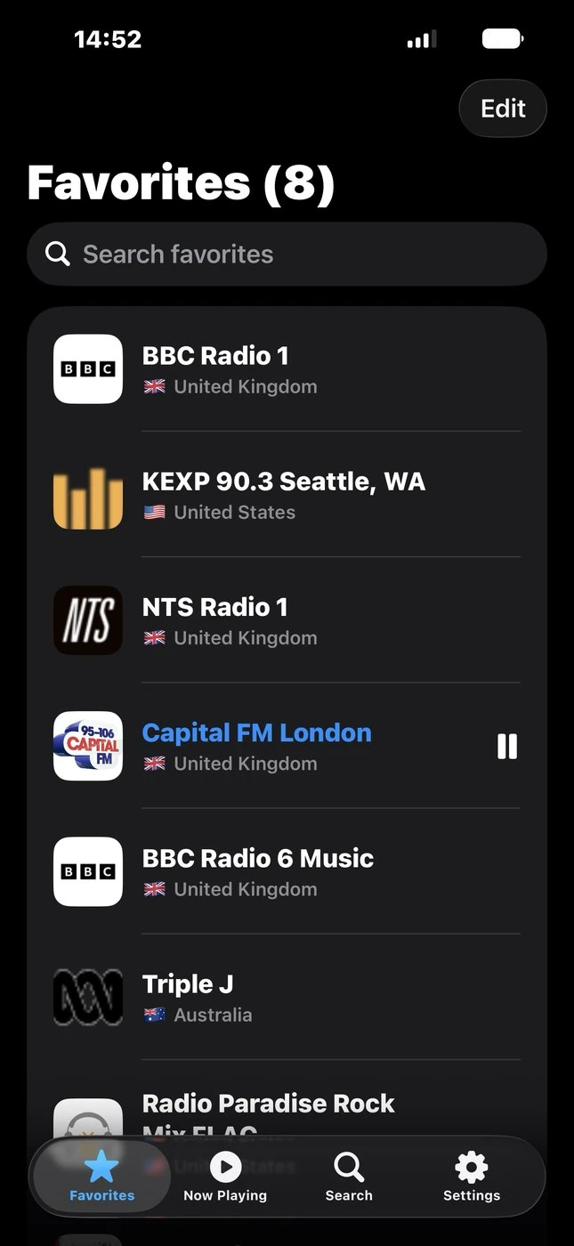 Favorites screen