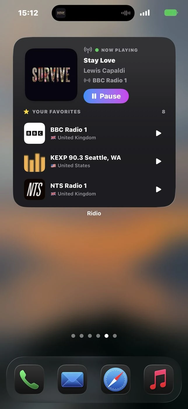 Ridio widget for the home screen